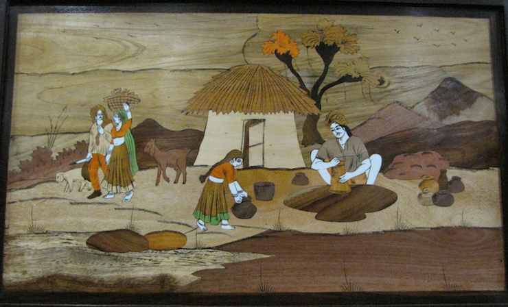 image of wood mosaic of a rural scene