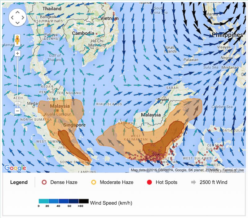 map of haze over Singapore and Malaysia