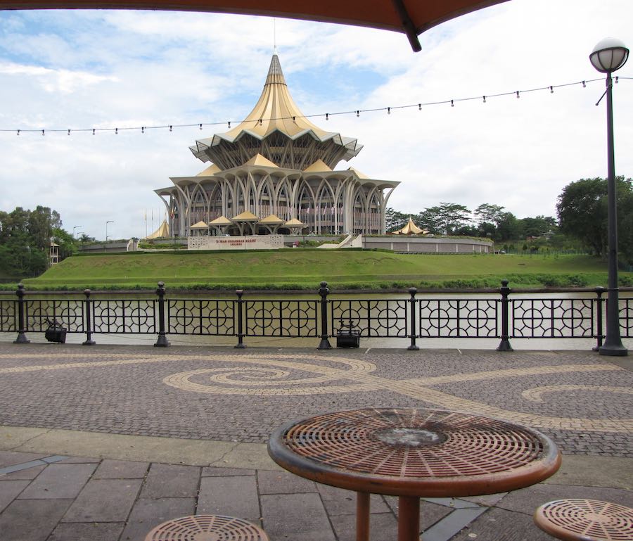 the Sarawak State Legislative Assembly building from the riverwalk